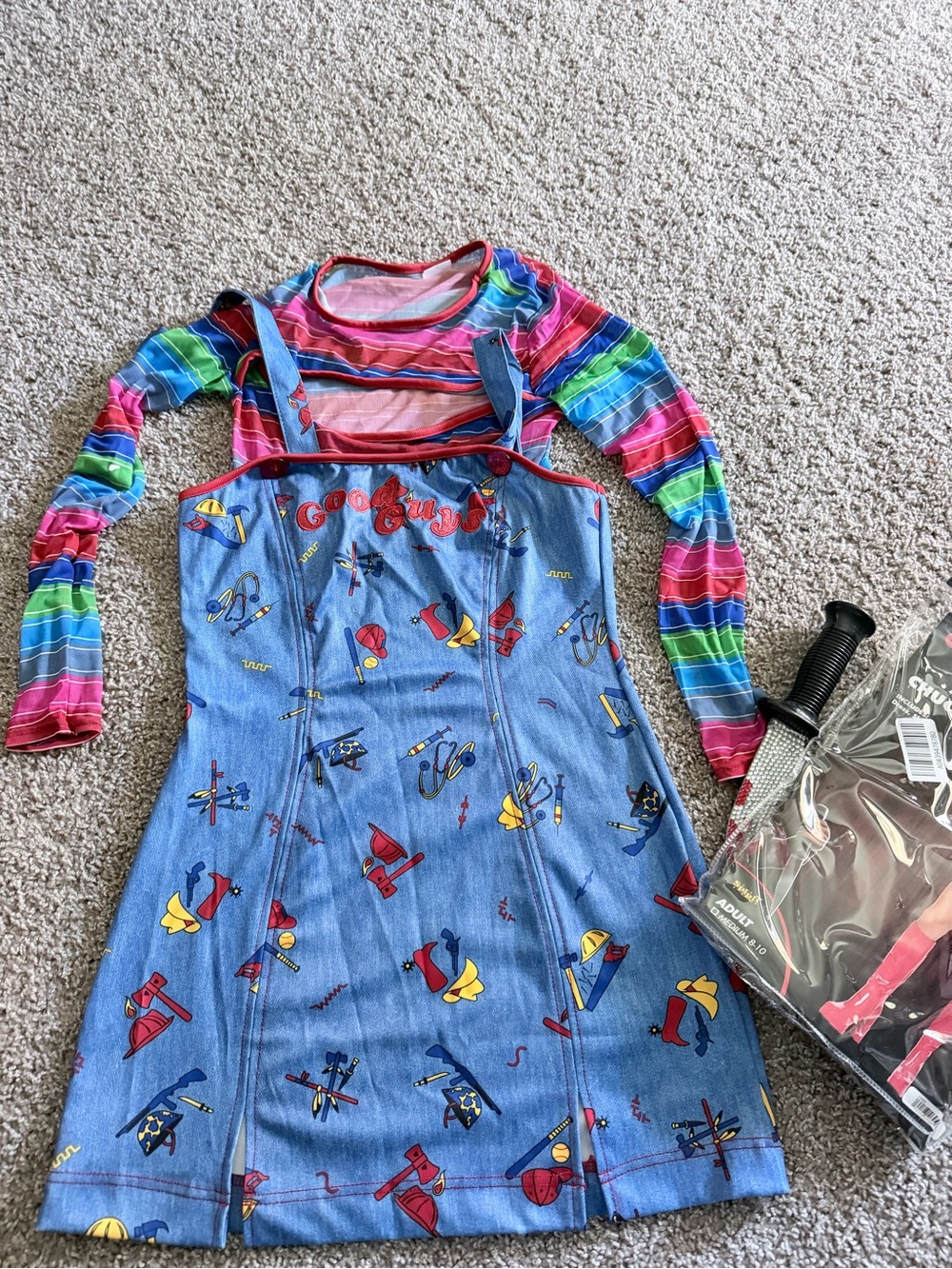 Spirit Blue Denim-Look Pinafore Dress with Red, Yellow & Pink Accents